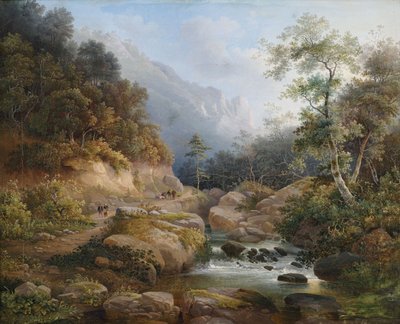 Gebirgige Flusslandschaft mit Figurenstaffage von Pieter Francis Peters